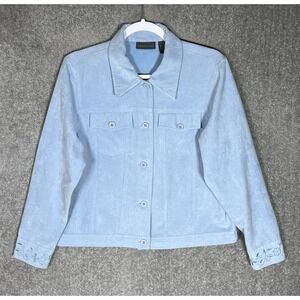 Relativity Faux Suede Button Up Jacket Womens Size M Blue Y2K Floral‎ Embroidery